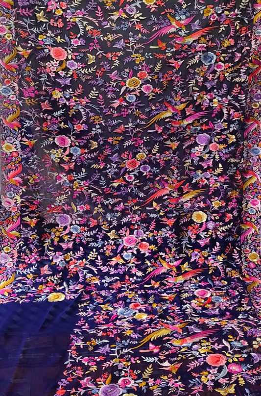 Blue Hand Embroidered Parsi Gara Pure Georgette Floral And Bird Design Saree - Luxurion World