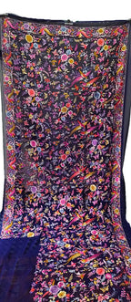 Blue Hand Embroidered Parsi Gara Pure Georgette Floral And Bird Design Saree - Luxurion World