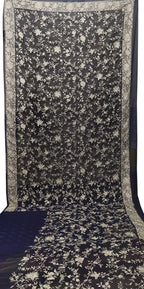 Blue Hand Embroidered Parsi Gara Pure Georgette Floral Design Saree - Luxurion World