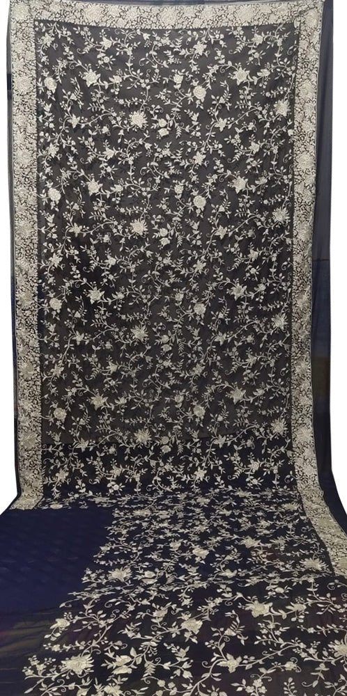 Blue Hand Embroidered Parsi Gara Pure Georgette Floral Design Saree - Luxurion World