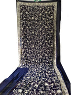 Blue Hand Embroidered Parsi Gara Pure Georgette Floral Design Saree - Luxurion World