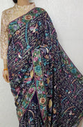 Blue Hand Embroidered Parsi Gara Pure Georgette Floral Design Saree - Luxurion World
