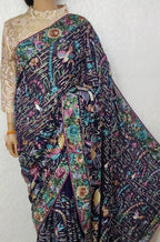 Blue Hand Embroidered Parsi Gara Pure Georgette Floral Design Saree - Luxurion World