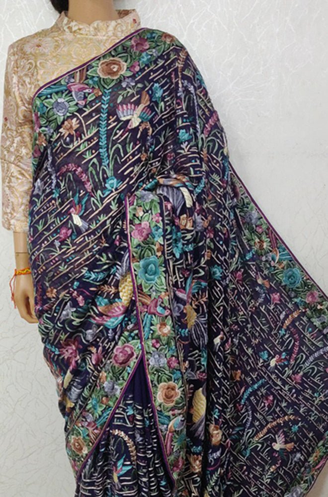 Blue Hand Embroidered Parsi Gara Pure Georgette Floral Design Saree - Luxurion World