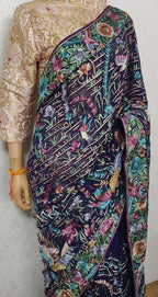 Blue Hand Embroidered Parsi Gara Pure Georgette Floral Design Saree - Luxurion World
