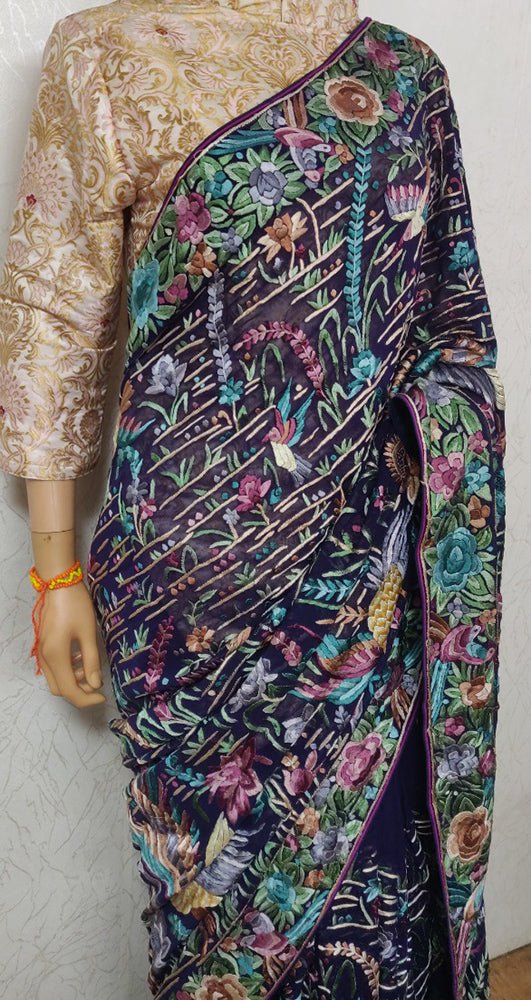 Blue Hand Embroidered Parsi Gara Pure Georgette Floral Design Saree - Luxurion World