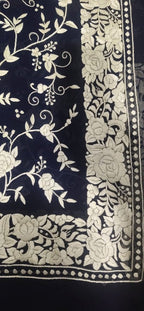 Blue Hand Embroidered Parsi Gara Pure Georgette Floral Design Saree - Luxurion World