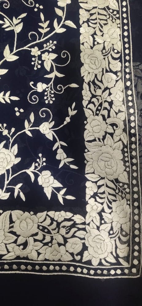 Blue Hand Embroidered Parsi Gara Pure Georgette Floral Design Saree - Luxurion World