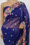 Blue Hand Embroidered Parsi Gara Pure Georgette Floral Design Saree - Luxurion World
