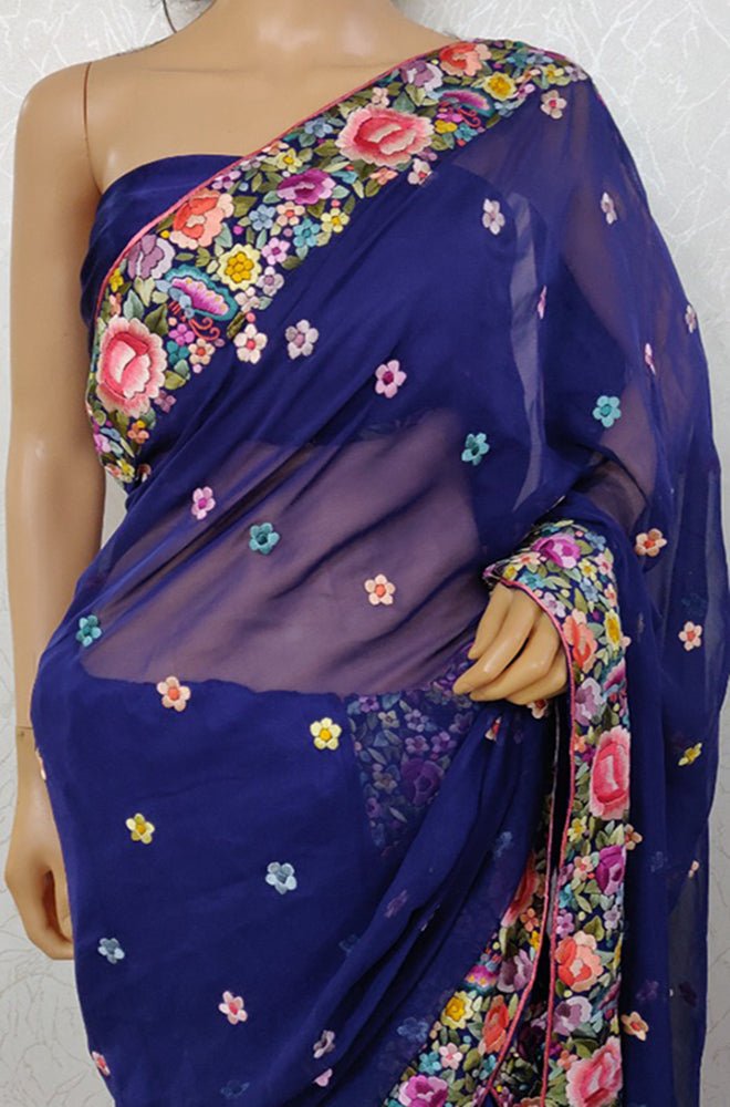 Blue Hand Embroidered Parsi Gara Pure Georgette Floral Design Saree - Luxurion World