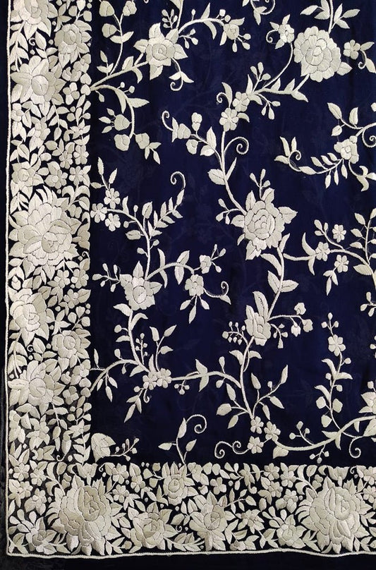 Blue Hand Embroidered Parsi Gara Pure Georgette Floral Design Saree