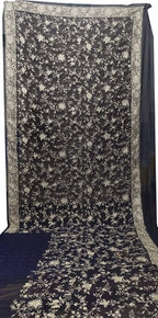 Blue Hand Embroidered Parsi Gara Pure Georgette Floral Design Saree - Luxurion World