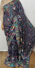 Blue Hand Embroidered Parsi Gara Pure Georgette Floral Design Saree - Luxurion World