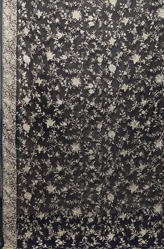 Blue Hand Embroidered Parsi Gara Pure Georgette Floral Design Saree - Luxurion World