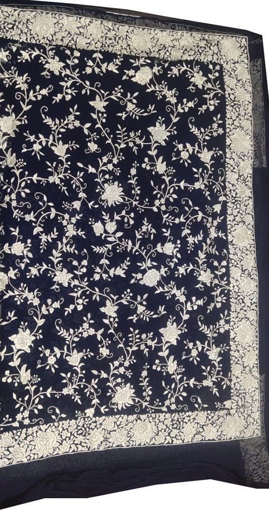 Blue Hand Embroidered Parsi Gara Pure Georgette Floral Design Saree - Luxurion World