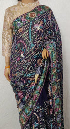 Blue Hand Embroidered Parsi Gara Pure Georgette Floral Design Saree - Luxurion World