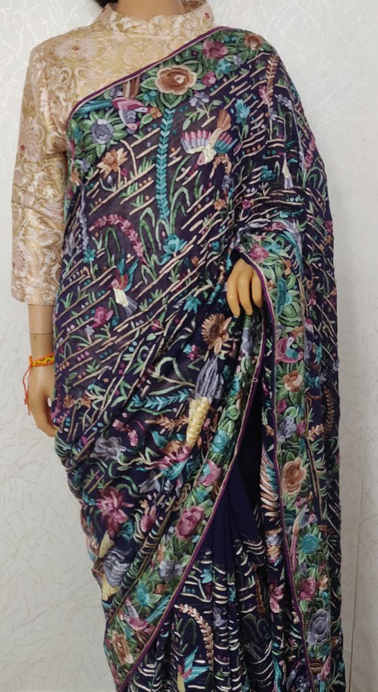 Blue Hand Embroidered Parsi Gara Pure Georgette Floral Design Saree - Luxurion World