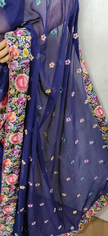 Blue Hand Embroidered Parsi Gara Pure Georgette Floral Design Saree - Luxurion World