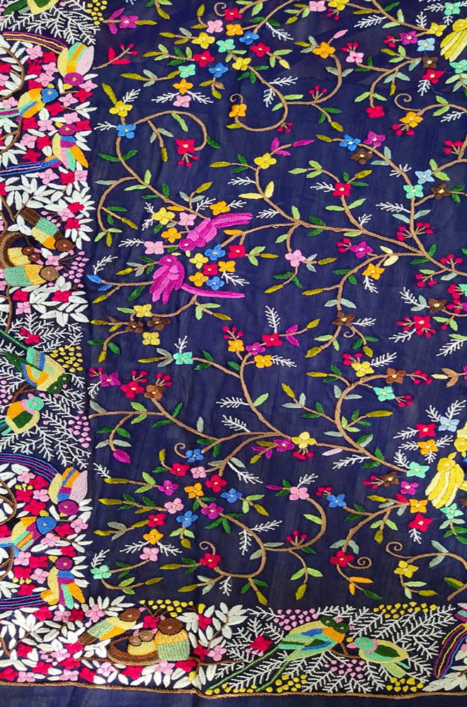 Blue Hand Embroidered Parsi Gara Pure Georgette Saree With French Knot Work - Luxurion World