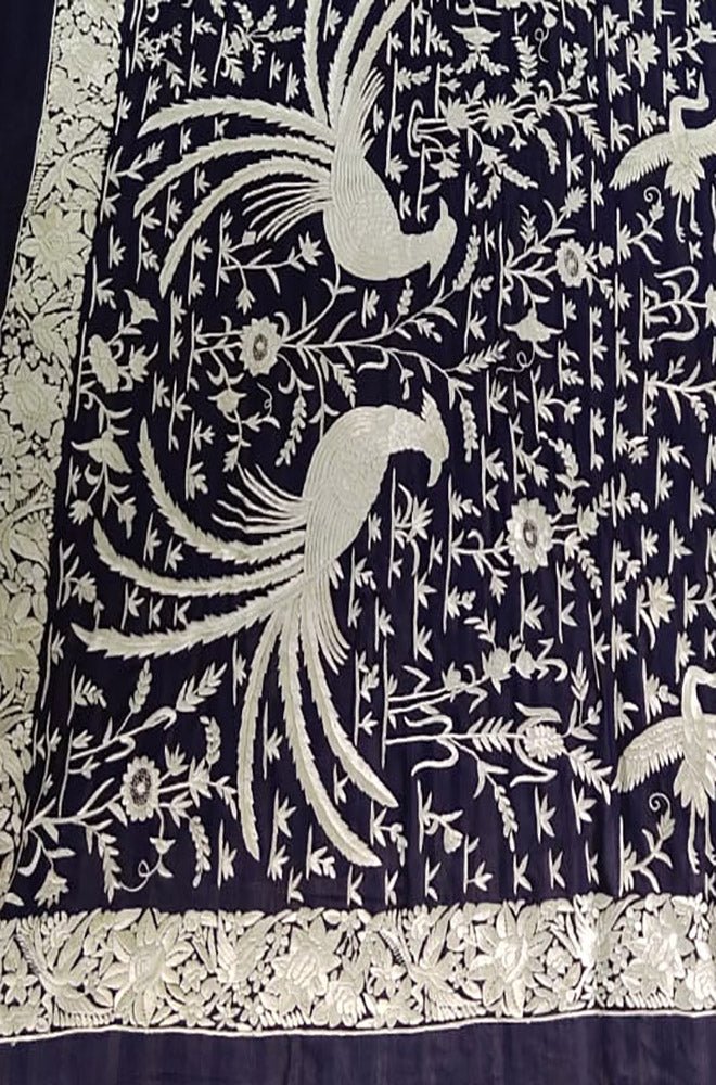 Blue Hand Embroidered Parsi Gara Pure Georgette Saree With French Knot Work - Luxurion World