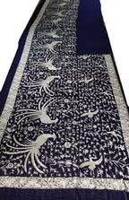 Blue Hand Embroidered Parsi Gara Pure Georgette Saree With French Knot Work - Luxurion World