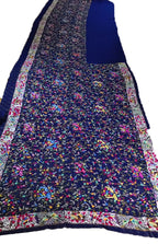 Blue Hand Embroidered Parsi Gara Pure Georgette Saree With French Knot Work - Luxurion World