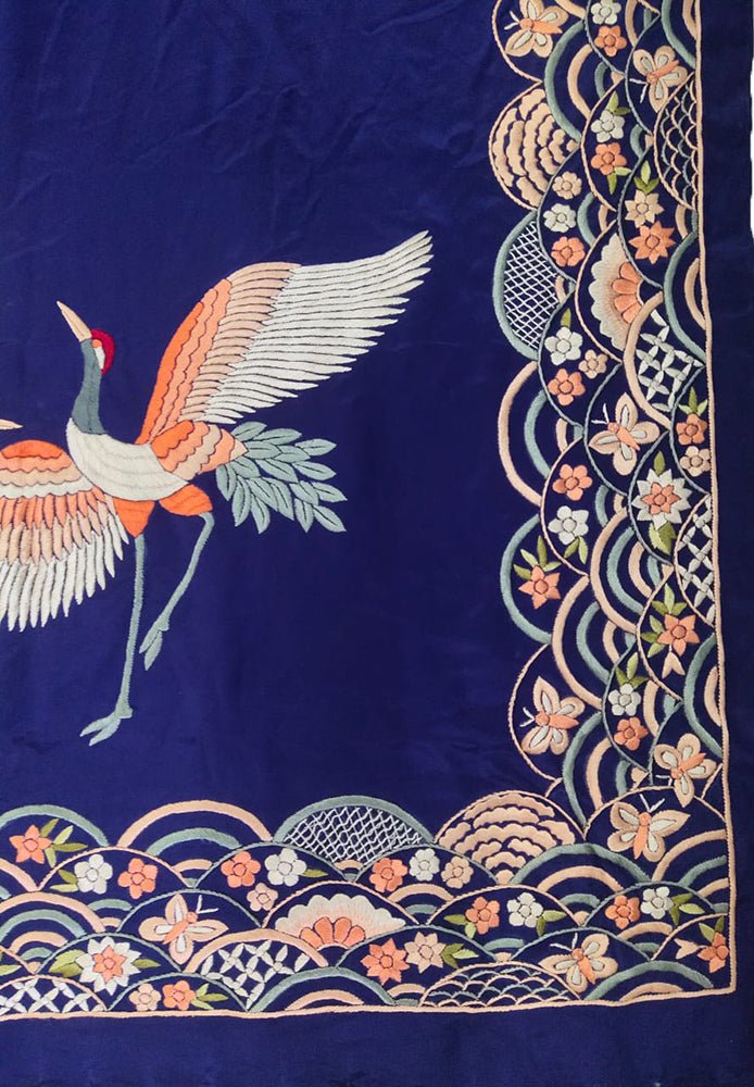 Blue Hand Embroidered Parsi Gara Pure Satin Silk Floral And Bird Design Saree - Luxurion World