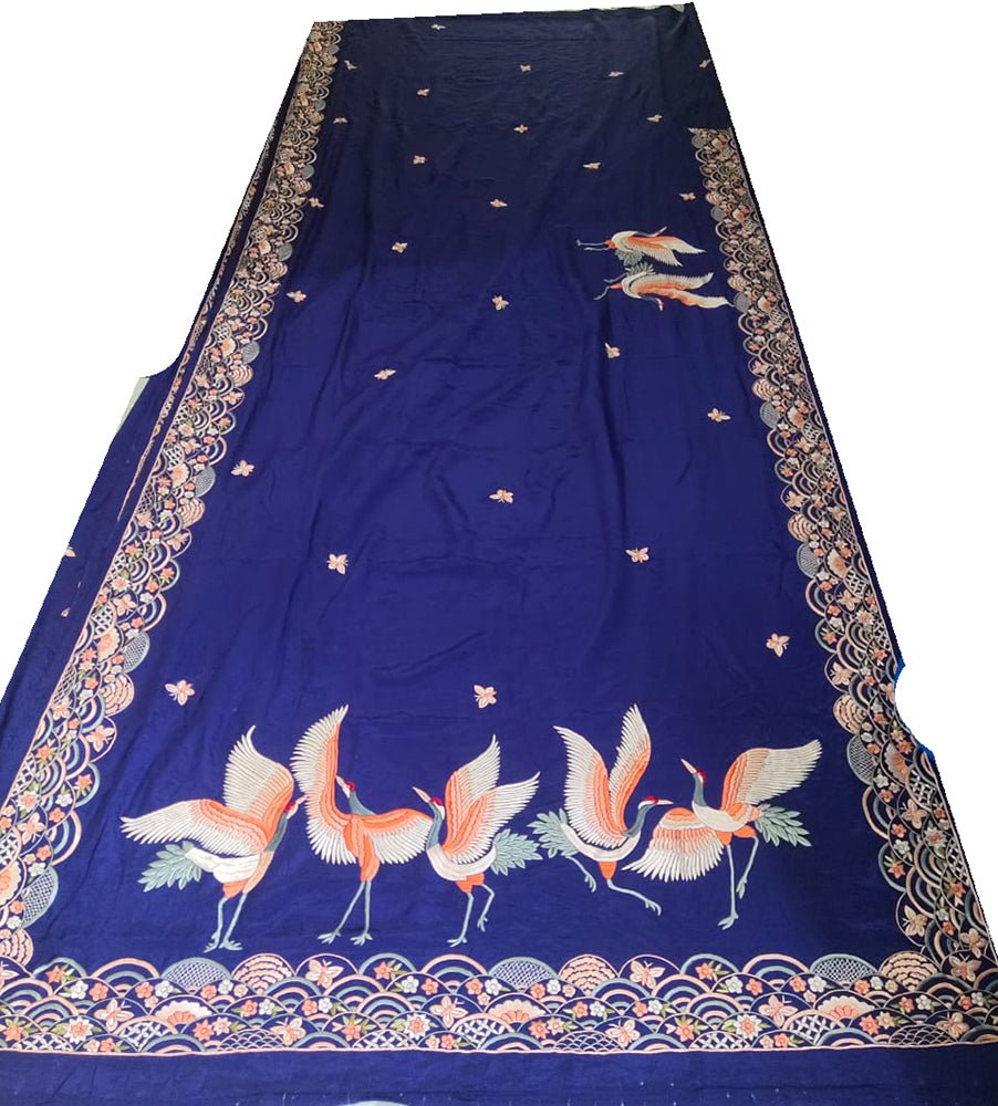 Blue Hand Embroidered Parsi Gara Pure Satin Silk Floral And Bird Design Saree - Luxurion World