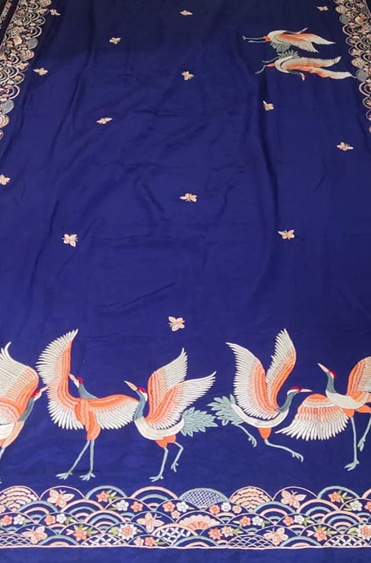 Blue Hand Embroidered Parsi Gara Pure Satin Silk Floral And Bird Design Saree - Luxurion World