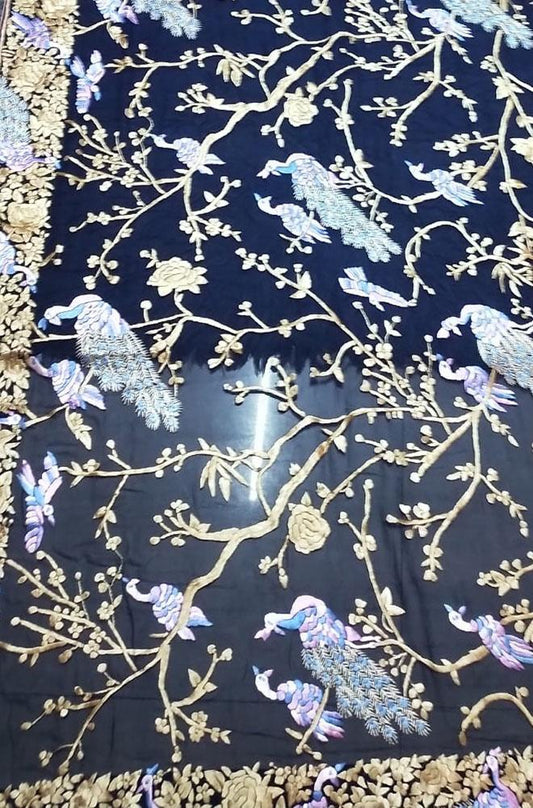 Blue Hand Embroidered Parsi Work Pure Georgette Dupatta - Luxurion World