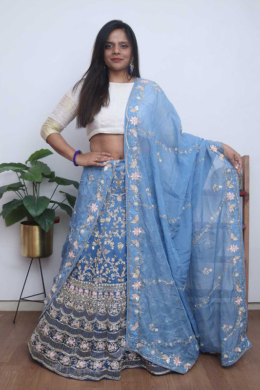 Blue Hand Embroidered Silk Cutdana And Sequins Work Semi Stitched Lehenga Set - Luxurion World