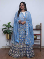 Blue Hand Embroidered Silk Cutdana And Sequins Work Semi Stitched Lehenga Set - Luxurion World