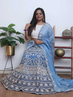 Blue Hand Embroidered Silk Cutdana And Sequins Work Semi Stitched Lehenga Set - Luxurion World
