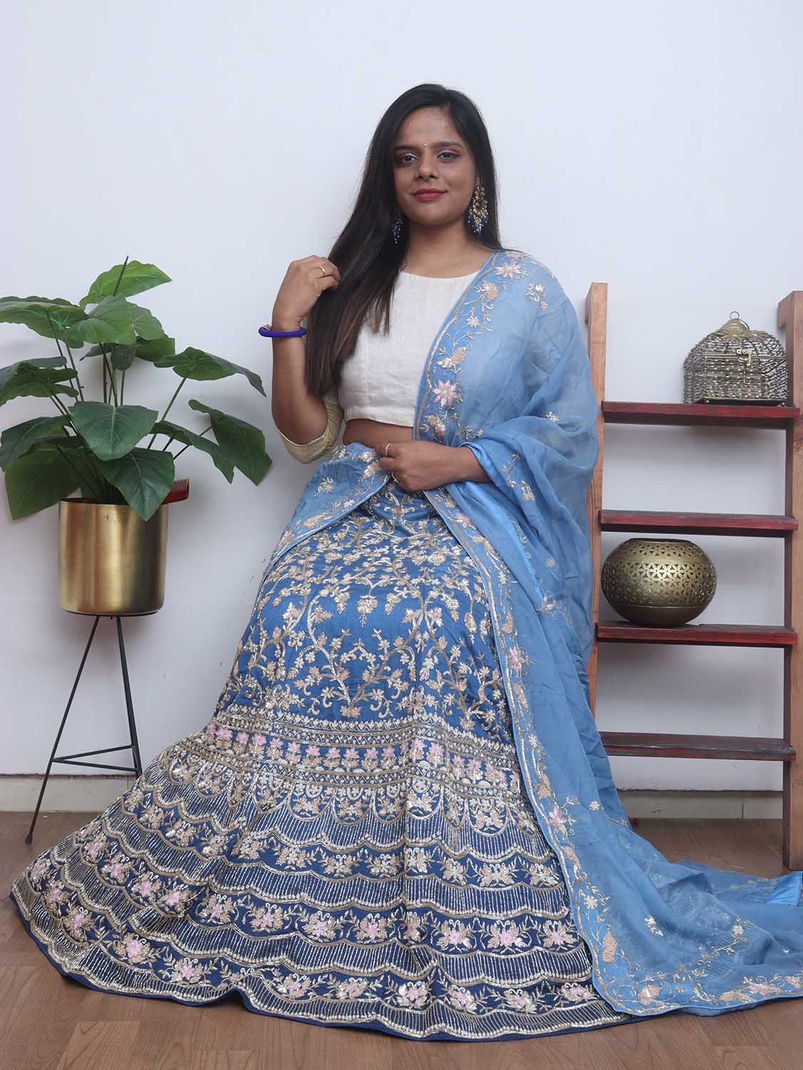 Blue Hand Embroidered Silk Cutdana And Sequins Work Semi Stitched Lehenga Set - Luxurion World