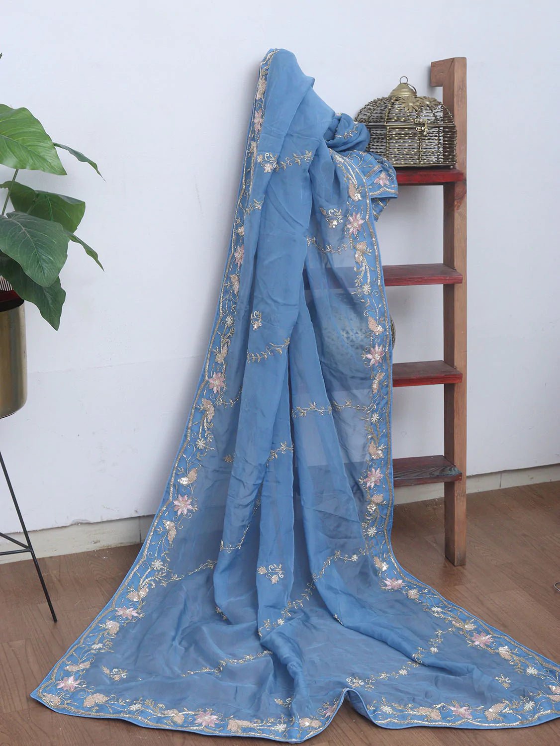 Blue Hand Embroidered Silk Cutdana And Sequins Work Semi Stitched Lehenga Set - Luxurion World