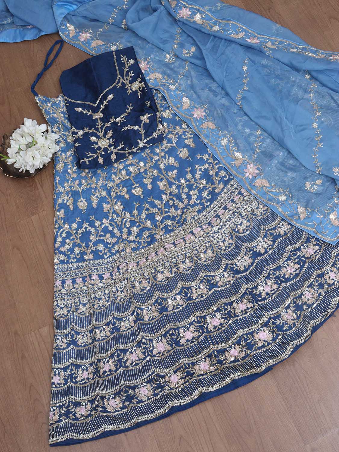 Blue Hand Embroidered Silk Cutdana And Sequins Work Semi Stitched Lehenga Set - Luxurion World