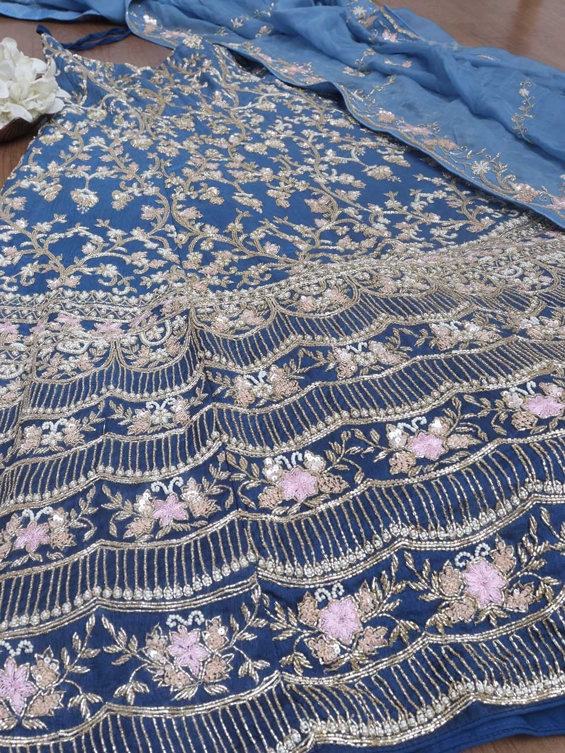 Blue Hand Embroidered Silk Cutdana And Sequins Work Semi Stitched Lehenga Set