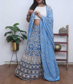 Blue Hand Embroidered Silk Cutdana And Sequins Work Semi Stitched Lehenga Set - Luxurion World