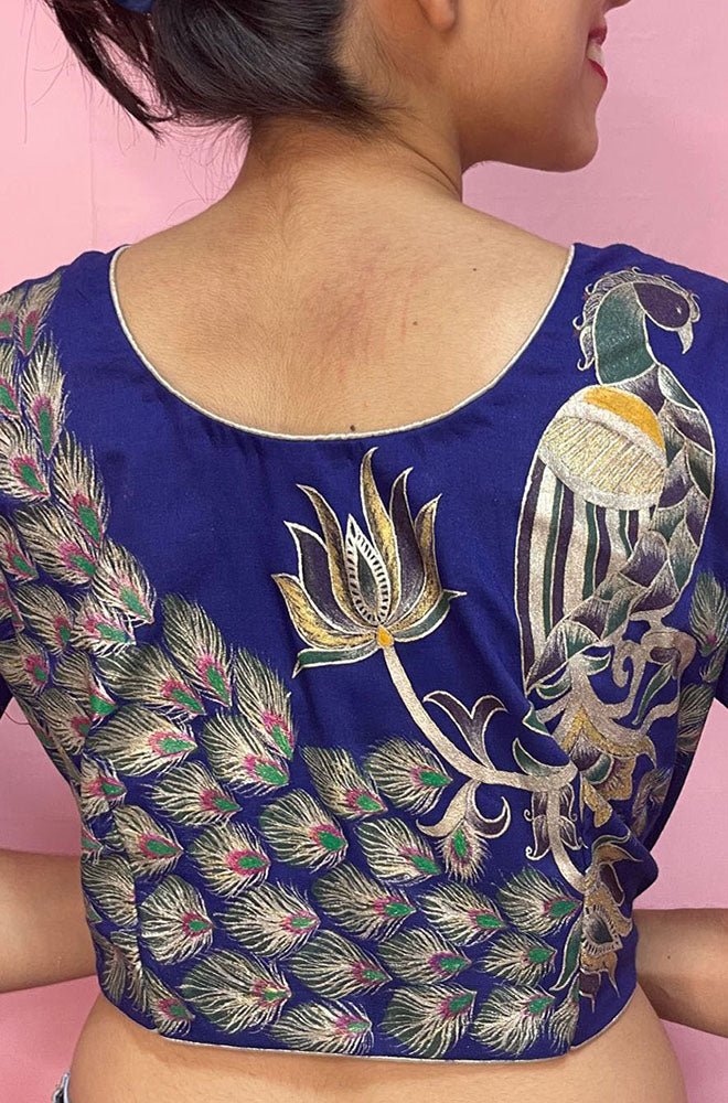 Blue Hand Painted Cotton Silk Peacock Design U Neck Non Padded Stitched Blouse