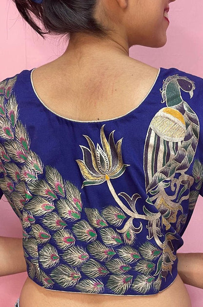 Blue Hand Painted Cotton Silk Peacock Design U Neck Non Padded Stitched Blouse - Luxurion World