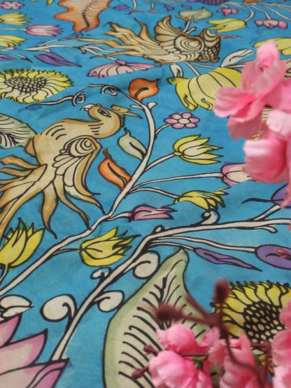 Blue Hand Painted Kalamkari Pure Silk Fabric ( 1 Mtr ) - Luxurion World