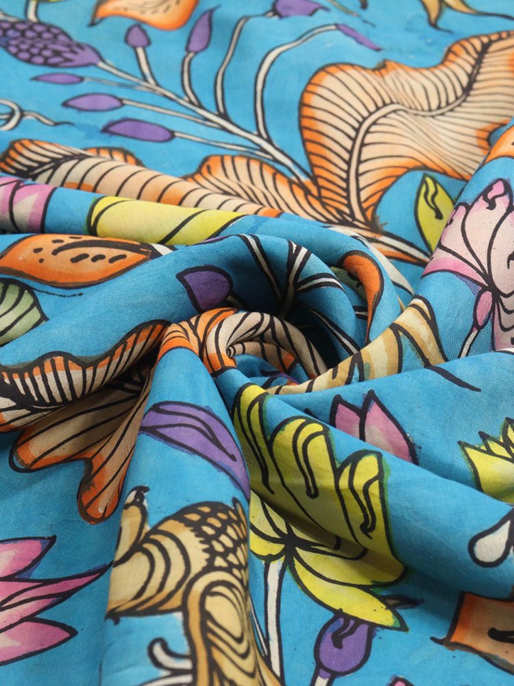 Blue Hand Painted Kalamkari Pure Silk Fabric ( 1 Mtr ) - Luxurion World