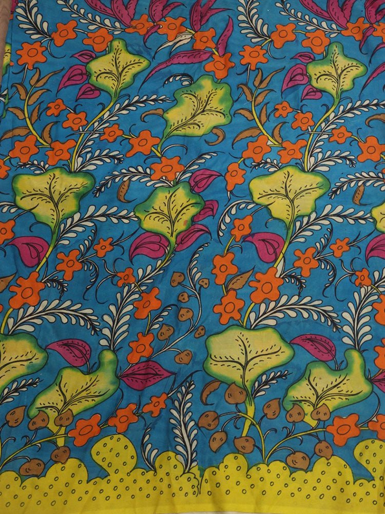 Blue Hand Painted Kalamkari Pure Silk Fabric ( 1 Mtr )Luxurionworld