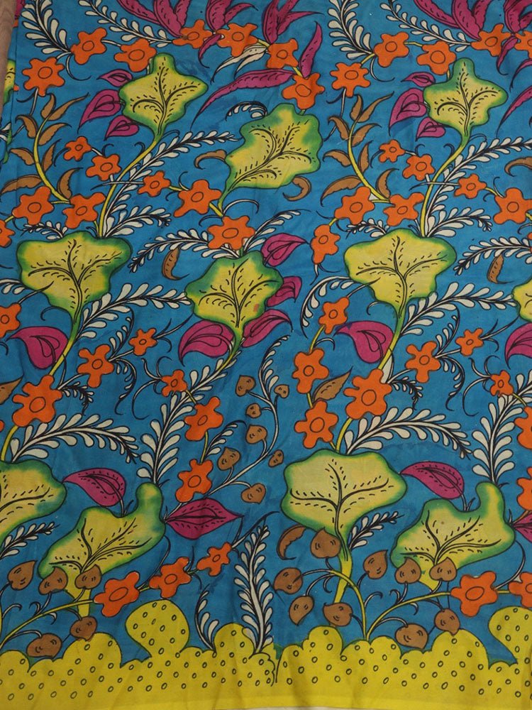 Blue Hand Painted Kalamkari Pure Silk Fabric ( 1 Mtr ) - Luxurion World