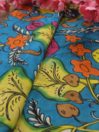 Blue Hand Painted Kalamkari Pure Silk Fabric ( 1 Mtr ) - Luxurion World