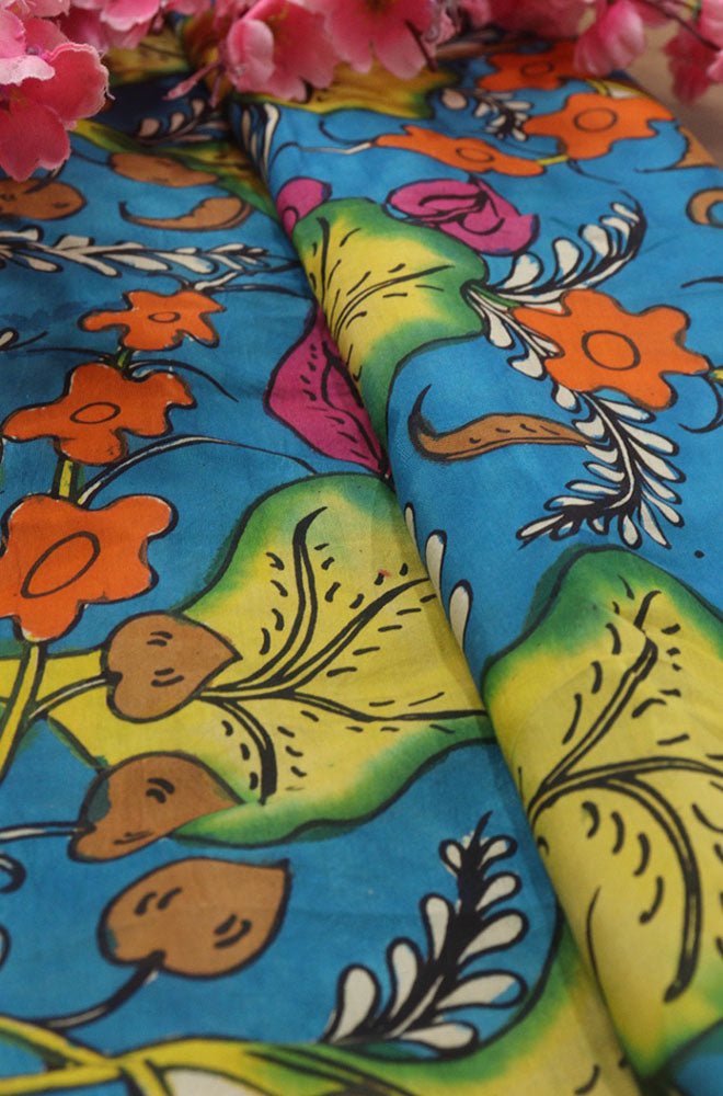 Blue Hand Painted Kalamkari Pure Silk Fabric ( 1 Mtr ) - Luxurion World