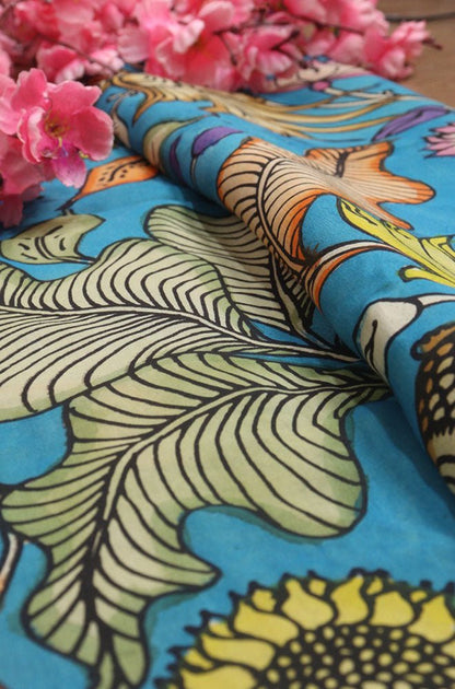 Blue Hand Painted Kalamkari Pure Silk Fabric ( 1 Mtr )
