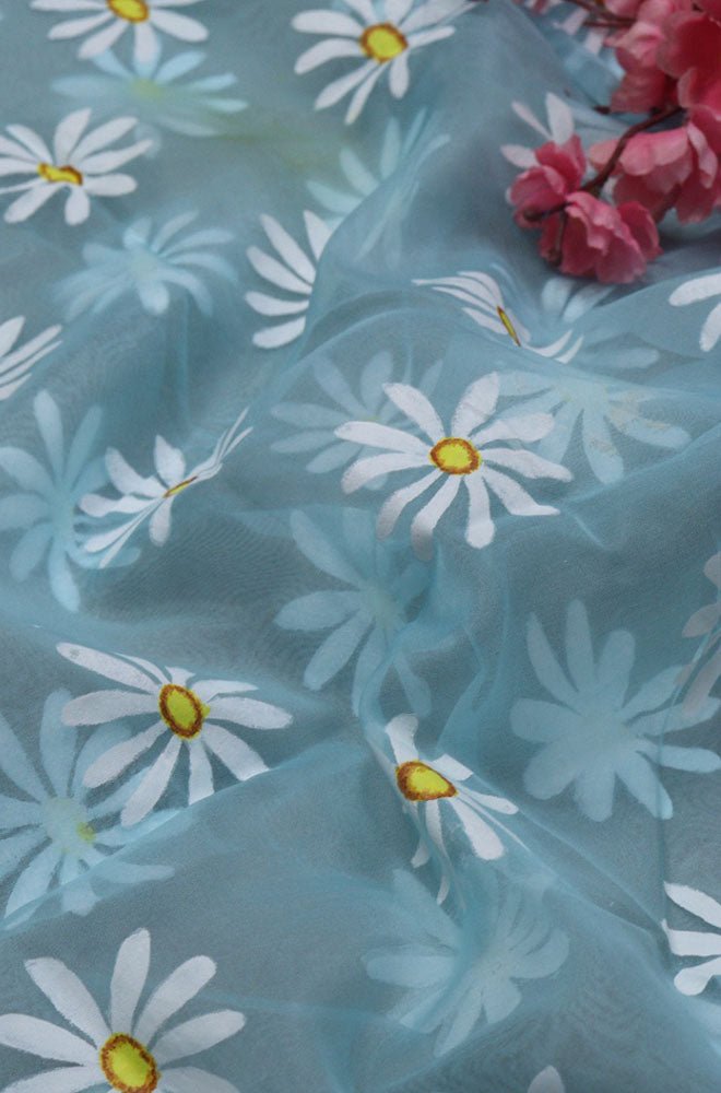 Blue Hand Painted Organza Silk Fabric (1 Mtr) - Luxurion World