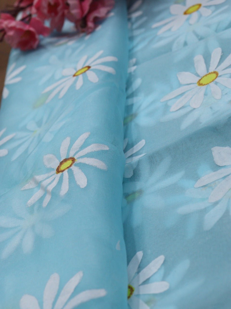 Blue Hand Painted Organza Silk Fabric (1 Mtr) - Luxurion World