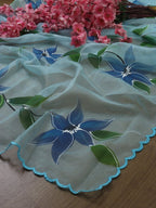 Blue Hand Painted Organza Silk Scalloped Border Dupatta - Luxurion World